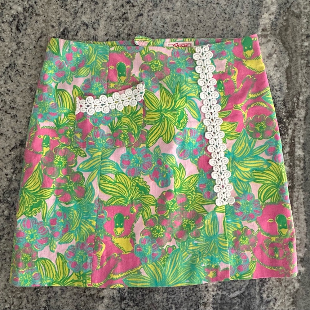 Vintage Lilly Pulitzer Skirt Pink Green Mini Floral Lace Trim Tropical Size 4